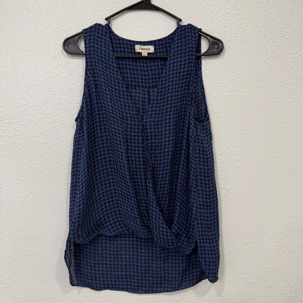 LAGENCE Womens Sleeveless Blue Black Houndstooth V Neck Wrap Top‎ Silk S